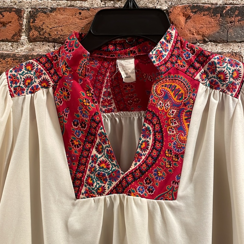 Vintage boho cinched peasant poly blouse small
